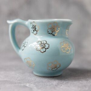 Vintage Pantry Parade blue pitcher creamer with gold flowers 3.5 inches tall